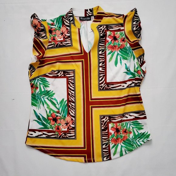 7th Avenue New York & Co. Tulip Yellow Split-Neck Flutter Sleeve Blouse Medium - Picture 5 of 12